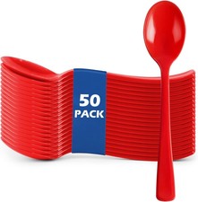 50pcs Plastic Spoons - Red Spoons Plastic Disposable Cutlery for Picnics,