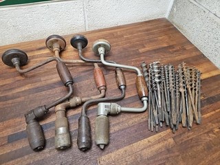 K824 Lot of Antique wood braces and auger bits