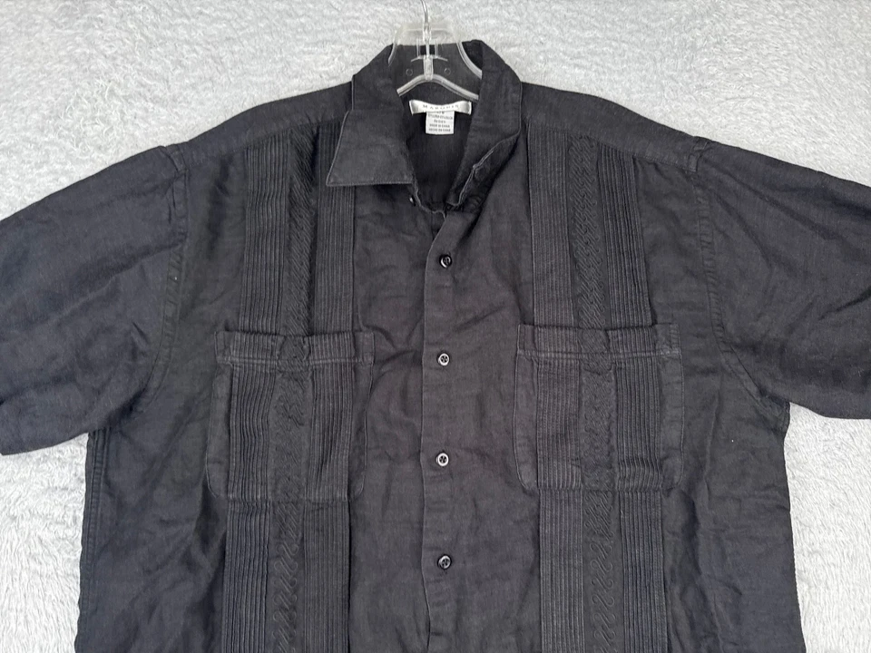 Marquis Guayabera Shirt Men Large Black 4 Pocket Linen Blend Short Sleeve READ - Image 4 of 4