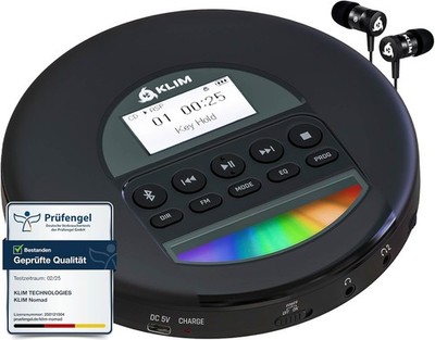 KLIM Nomad Bluetooth CD Player Tragbarer Discman mit Akku und Kopfhörer