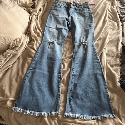 YMI Jeans Womens Low Rise Flare Distressed Fringe Blue Denim Stretch
