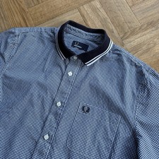 Fred Perry Short Sleeve Flat Knit Collar Gingham Shirt Blue White Size Large Mod