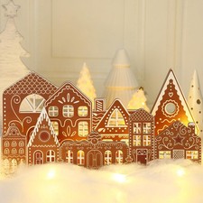 Christmas Gingerbread House Tabletop Decorations with Light Wooden Christmas ...