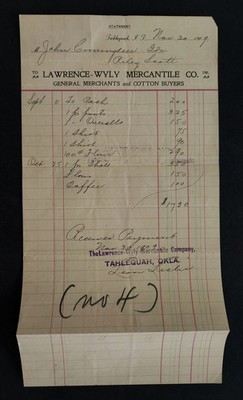 1909 antique BILLHEAD tahlequah ok it LAWRENCE-WYLY cherokee indian COMINGDEER
