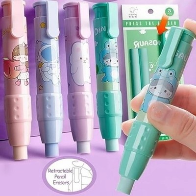 Retractable Pen Eraser with Refill Core Cute Cartoon Eraser for Kids School