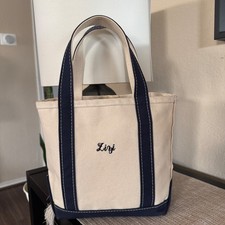 Vintage LL Bean Boat and Tote Small Canvas Tote Bag Cream/Navy USA Made STURDY!