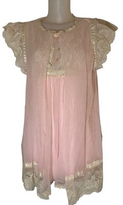 Vtg 80s Womens Pink Ruffle Lace Coquette Prairie Cottagecore Night Dress Sz S