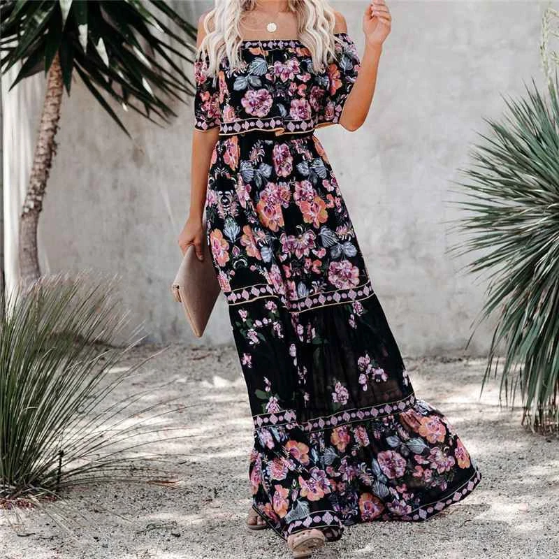 Bohemian Maxi Dress Long Ladies Summer Women Bardot Floral Print Off Shoulder