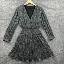 BCBG Paris Dress Womens Small Black Silver Metallic Long Sleeve NYE Holiday