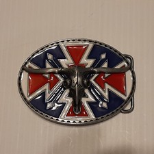 RED  BLUE BULL SKULL WESTERN RODEO Metal Belt Buckle
