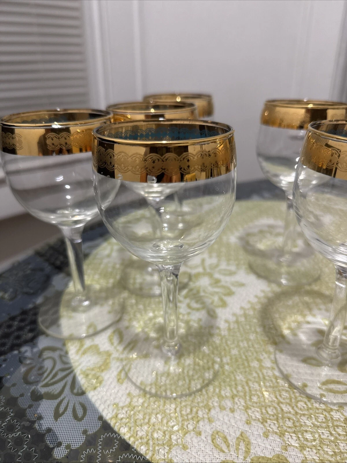 6 Mid Century Crystal Wine Glasses Gold Band Outside Turquoise inside 5 3 4 Inch