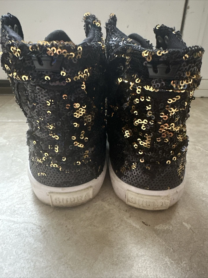 Sapatos femininos SUPRA Skytop metálico preto metálico dourado lantejoulas tamanho 6 - Imagem 4 de 4