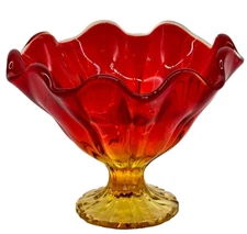 Mid Century Modern L.E. Smith AMberina Footed Glass Dish Ruffled Vintage