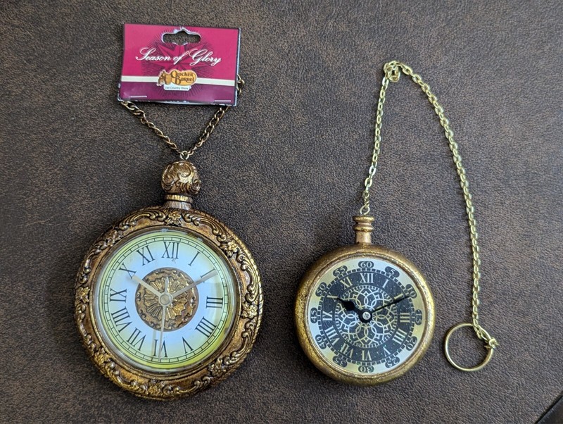 RARE Pair of Cracker Barrel Pocketwatch Christmas Ornaments-Gold Resin Material