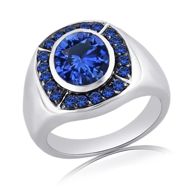 Anillo de plata de ley con zafiro azul simulado de corte ovalado y redondo de 5,66 quilates para hombre