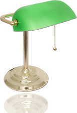 Traditional Bankers Desk Lamp with Pull Chain Green Glass Shade and Brass Base