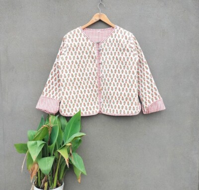 Indian Gesteppt Weiß 100% Baumwolle Jacke Unisex Blumenmuster Partykleidung US