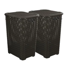 Plastic Wicker Laundry Hamper with Lid and Handles-Brown- 2 Pack (60 Liter)