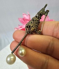 Antique Silvertone Metal Umbrella/Parasol w faux pearl trombone clasp