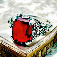 VINTAGE STYLE 925 SOLID STERLING SILVER RED SIMULATED RUBY FILIGREE RING 1362