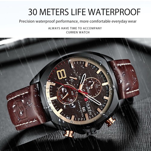 Luxury Men's Date Chronograph Subdials Genuine Leather Strap Quartz Sports Watch - Picture 5 of 16