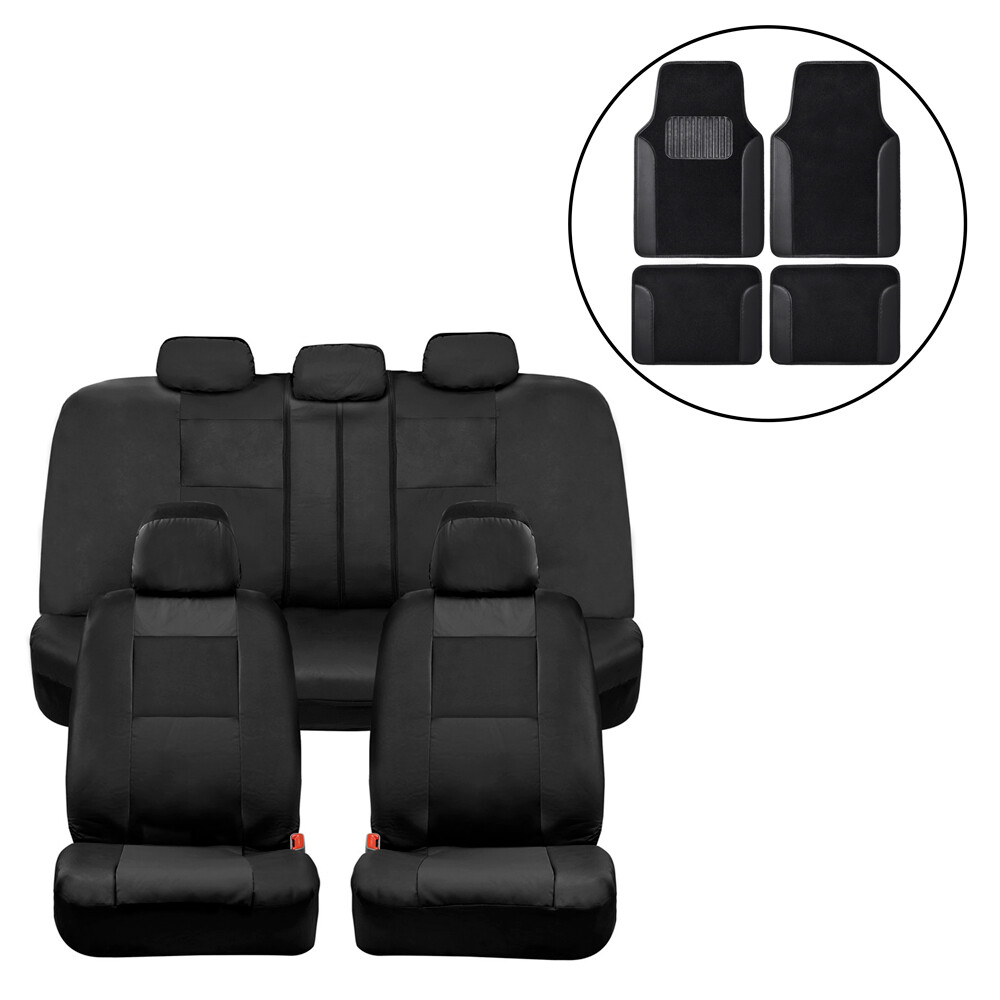 Full Set Black PU Leather Car Seat Covers Combo with Black Carpet Floor Mats