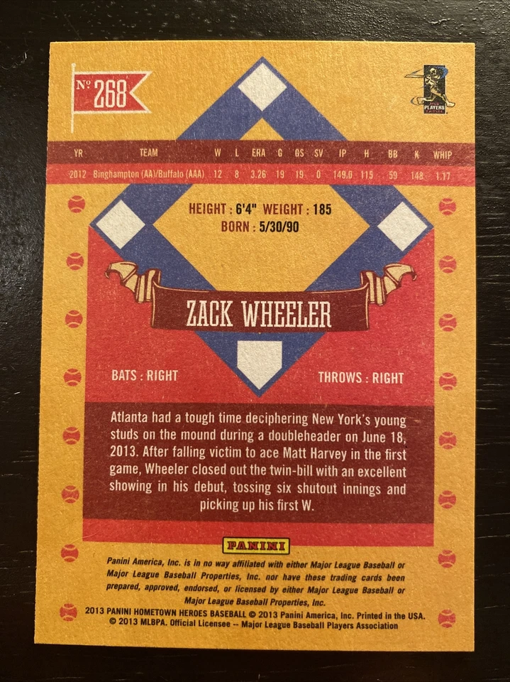 Zack Wheeler - Rookie 2013 Panini Hometown Heroes - #268 Short Print High Number - Image 2 of 2