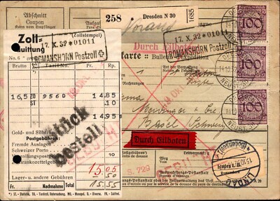 Dt. Rich 1926 - Package Card ''Dresden'' IN Basel Base, Eilboten (a010)