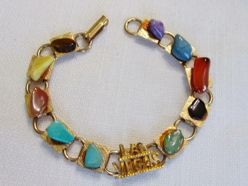 Travel Advertising Las Vegas Gold Tone Metal Bracelet w/ Asst. Tumbled Stones