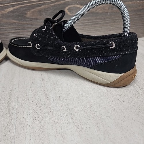 Sperry Top Sider Shoes Women Size 7.5 Black Silver Leather Slip On Boat Loafers - Picture 8 of 13