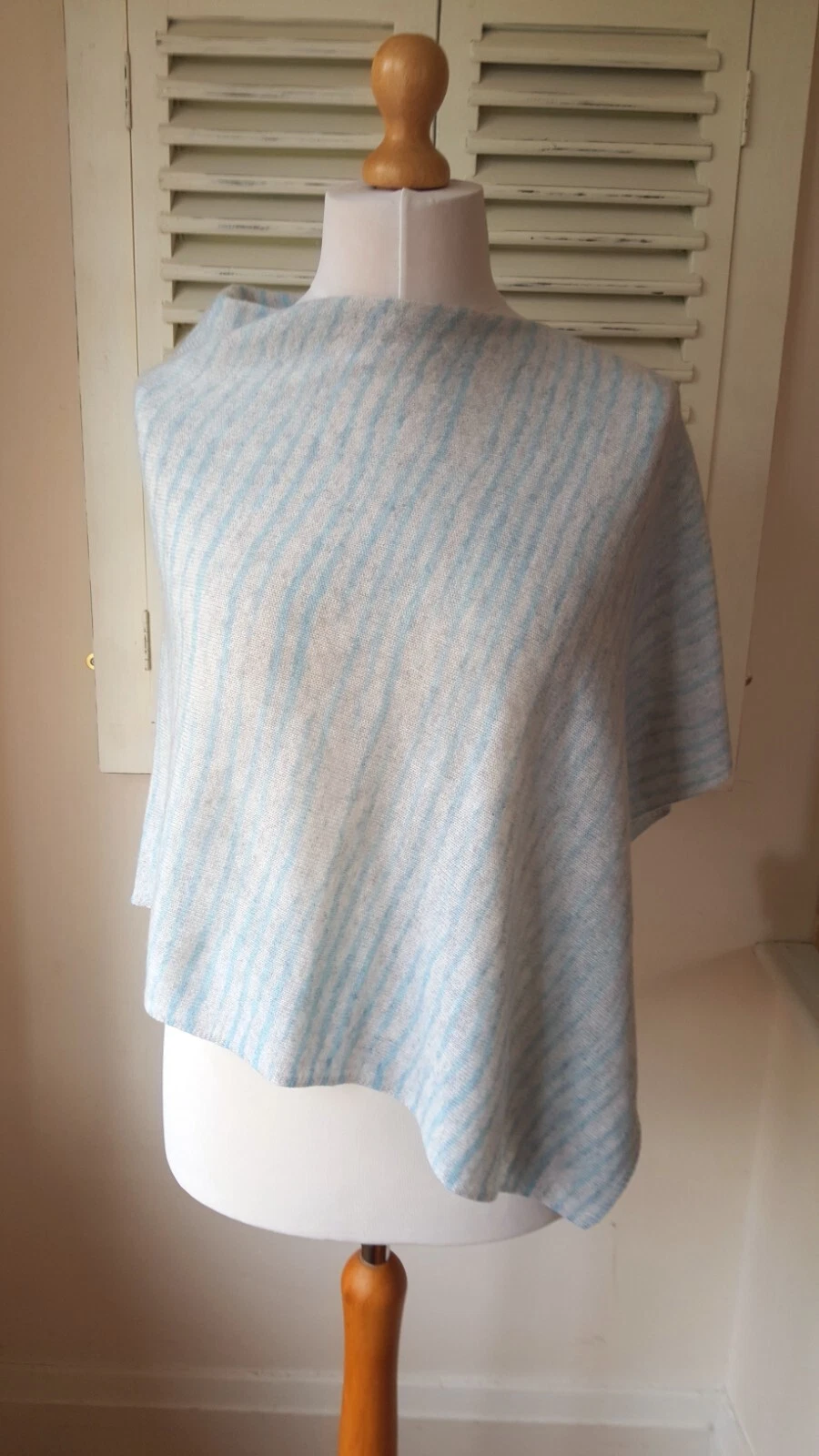 Pure Collection Grey Melange and Blue Striped 100% Cashmere Poncho RRP £110
