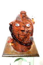 ( mushroom man ) KAITLYN SINGLETON FACE JUG, POTTERY FOLK ART 10''X8''