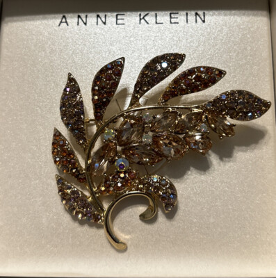 Anne Klein Crystal Rhinestone Leaf Gold Tone Brooch Pin New With Box-#P001 