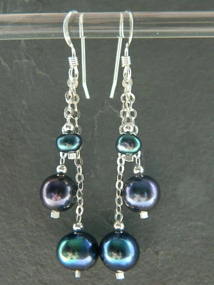 Peacock Black Freshwater Pearls & Sterling Silver Handmade Long Drop Earrings - Image 1 of 4