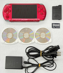 TESTED SONY PSP 3000 RED Console + Charger + battery + 3 games  Region free 32MB