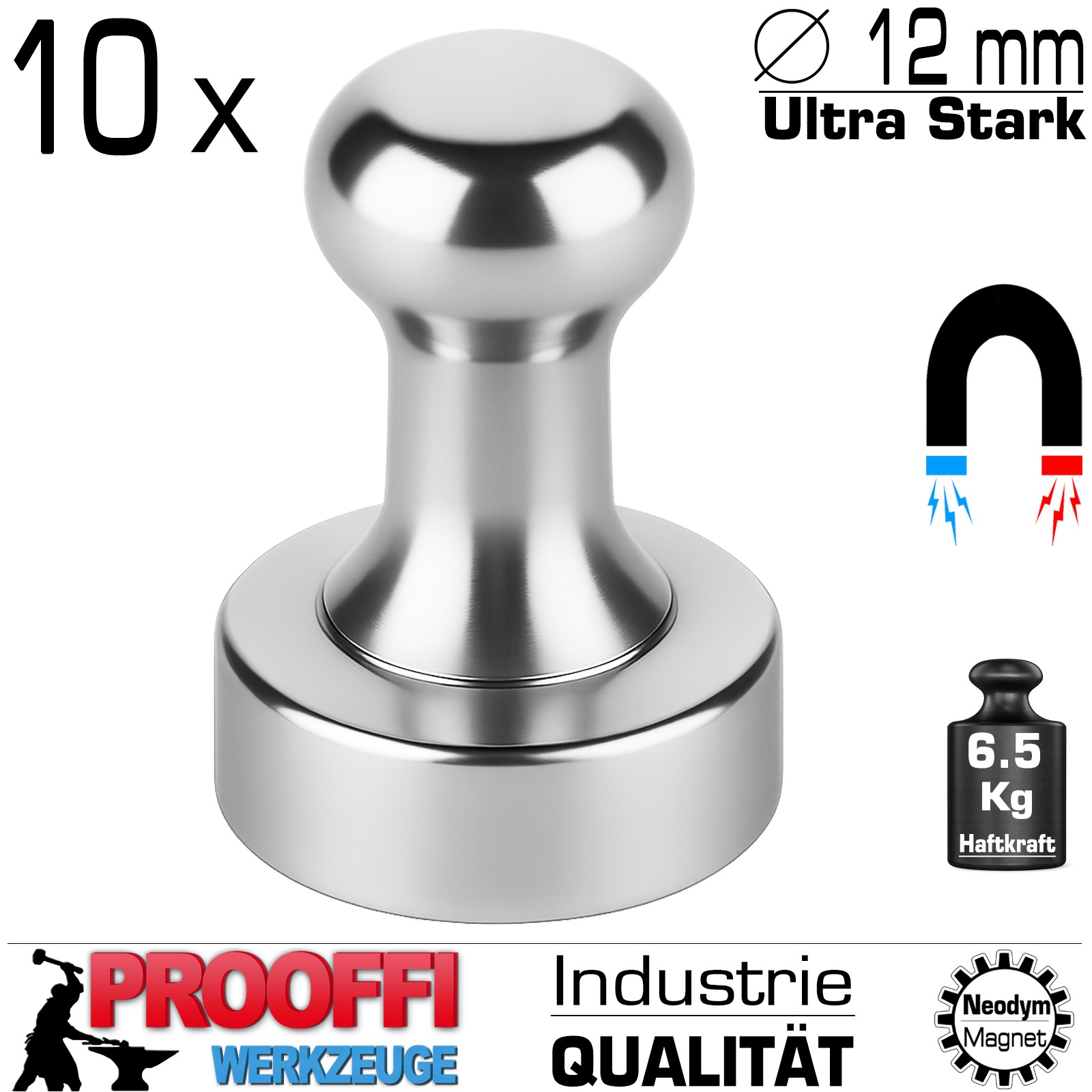 10 x Neodym Kegel Magnet Magnettafel Pinnwand Extra Stark Kraft Ø 12mm / 6.5 Kg