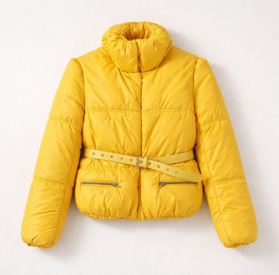 Imperial Women s Yellow Puffer Jacket Belted High Neck Zip Pockets Short M
