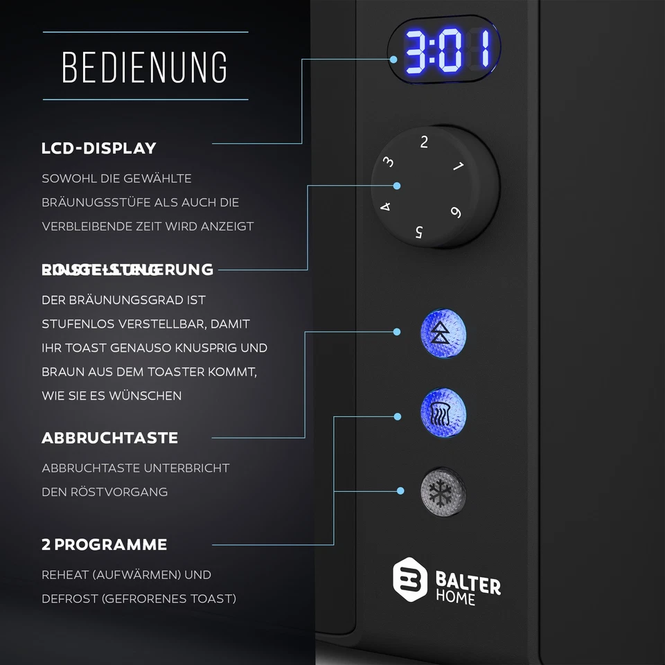 Toaster 4 Scheiben Langschlitz Edelstahl Brötchenaufsatz LCD 1500W Schwarz - Bild 3 von 4