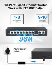 ZOSI8 Port Gigabit PoE Switch  2 Gigabit Uplinks,  IEEE802.3af/at Max Output 96W