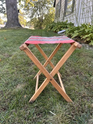 Vintage Folding Wood & Canvas Camping Fishing Stool Striped Fabric Seat.