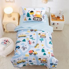 4 Pieces Construction Toddler Bedding Set for Baby Boys, Truck Vehicles Excav...