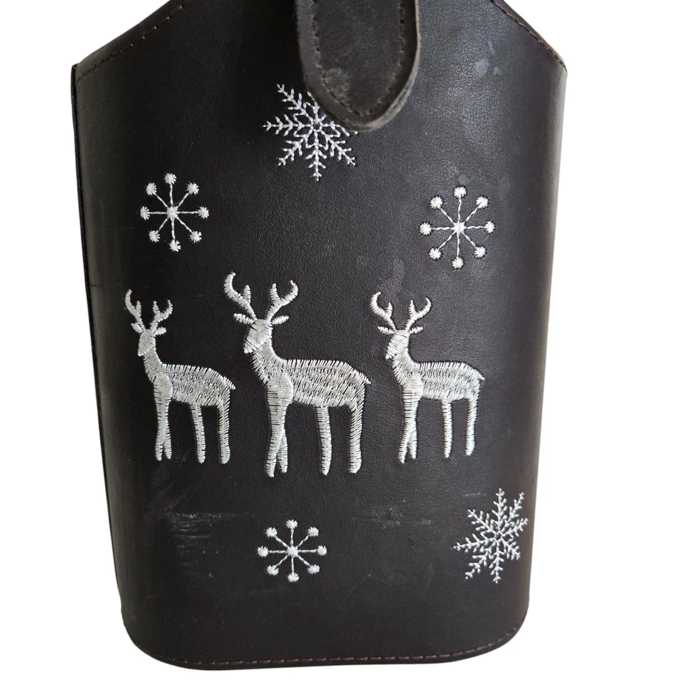 Black Leather 2-Bottle Wine Tote Embroidered Reindeer Buckle Christmas Winter - Image 2 of 4