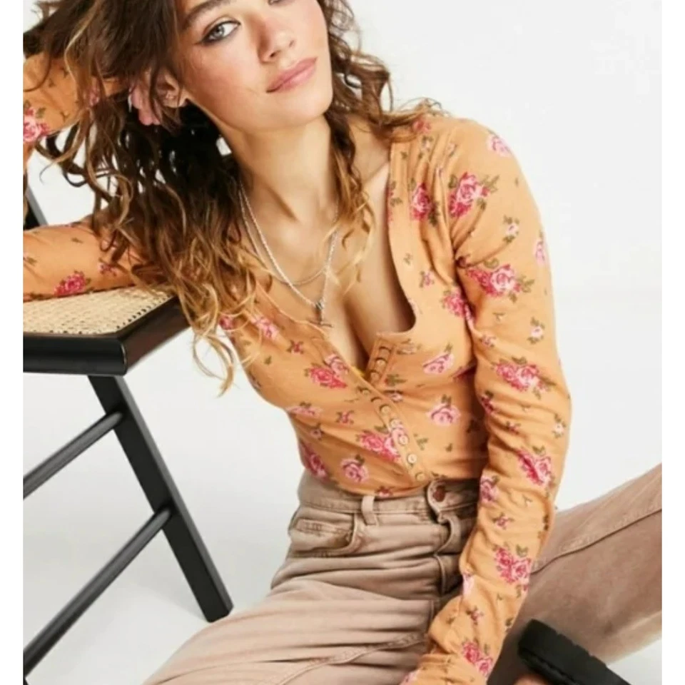 Free People Bodysuit Womens Small Orange Floral Dylan Thermal Long Sleeve Henley - Image 2 of 4