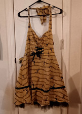 Hot Topic Music Notes Ladies Large Tan Back Zip Lace Up Front Halter Dress.