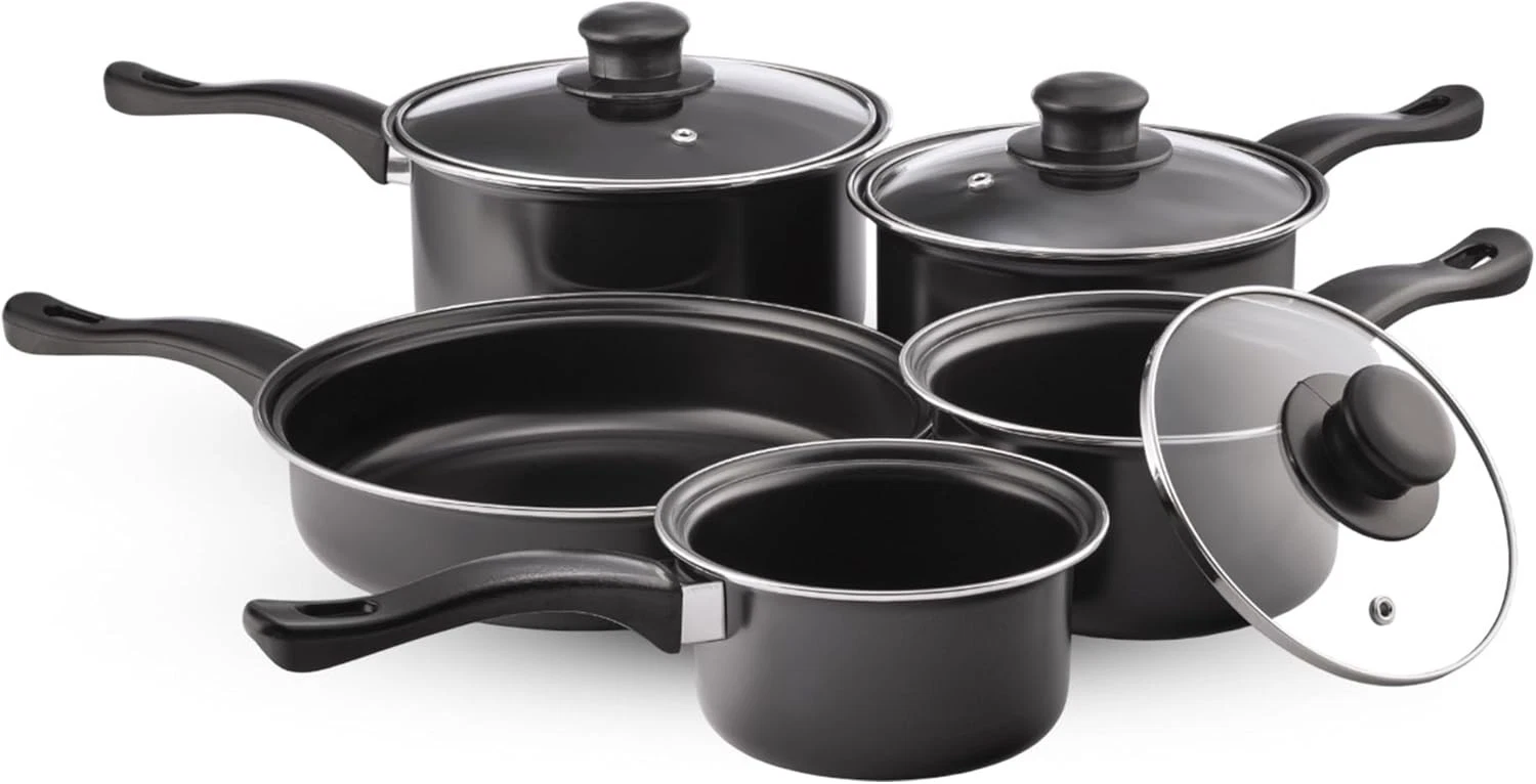 5pc Black Non-Stick Cookware Saucepans Fry Pan with Glass Lids Kitchen Set