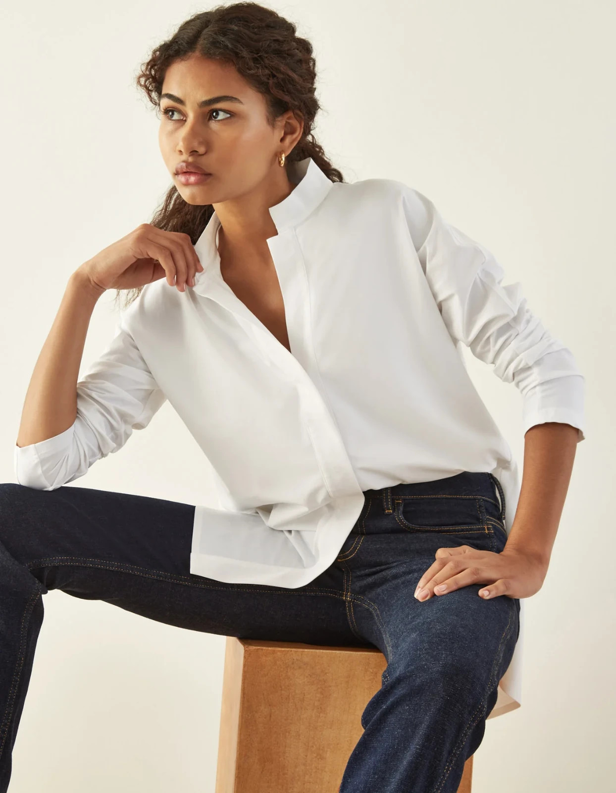 ADay Womens Shirt Medium White Snap Front Band Collar Something Borrowed