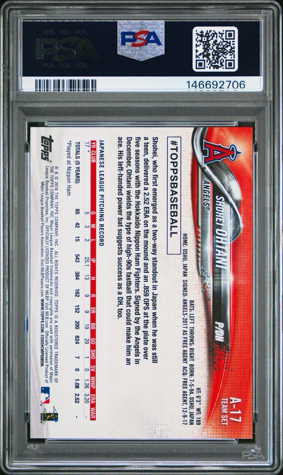 2018 Topps Team Sets - Los Angeles Angels Shohei Ohtani #A-17 (RC)- PSA 8 view 2