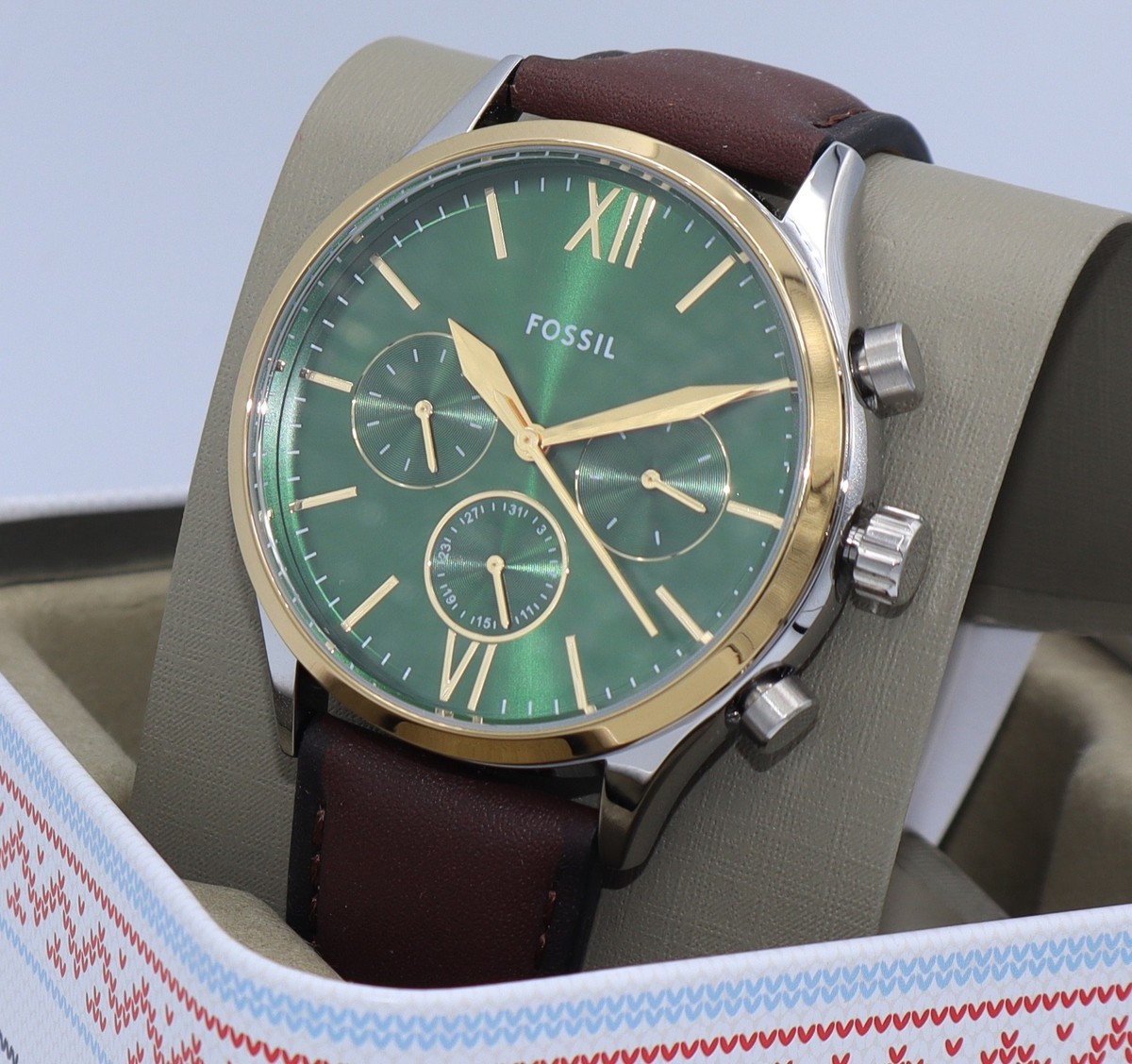 Fossil Silver Watch with Green Crystal Bezel and Brown Leather Strap Fossil Men main image 3