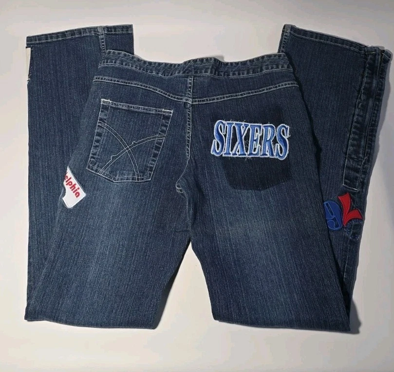 G-III Carl Banks NBA For Her 76ers Bell Jean 裤子尺寸 7 费城 Y2K — 第 2/4 张图片