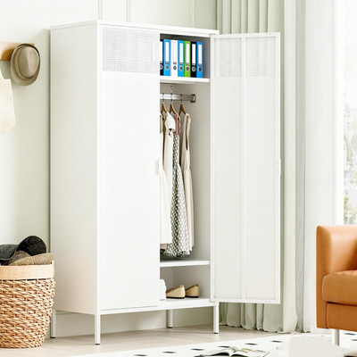 Elegro 71''H White Metal Armoire Wardrobe Cabinet With Hanging Rod and Shelves